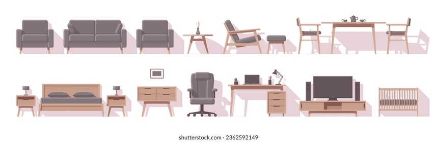 Furniture set. Interior furniture. Flat furniture. Sofa armchair bed desk and other. Vector illustration