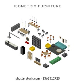 Furniture set in isometric view. Illustration of living room furniture.