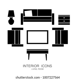 Furniture Set for Living Room Project. Sofa, Armchair, Decorative Mirror, Coffee Table.  Vector Illustraion. Black Simple Icons isolated on White Background. Interior Design Elements for Architects.