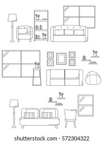 Furniture Set for Living Rooms. Line Vector Illustration.