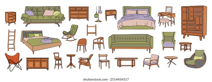 Conjunto de muebles para el diseño de interiores de hogares modernos. Decoración de la granja de moda, sofá, sofá, silla, sillón, cama, cómoda. Artículos de la habitación del apartamento. Esquema de Ilustraciones vectoriales dibujadas a mano aisladas. 