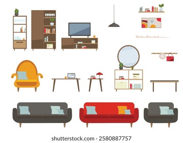 Furniture set for modern home interior design. Trendy house decor, sofa, couch, chair, armchair and lamp