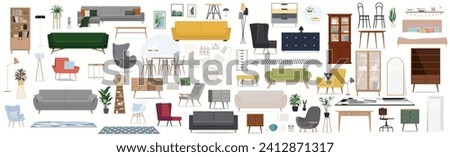 Furniture set for modern home interior design. Trendy house decor, sofa, couch, chair, armchair and lamp.