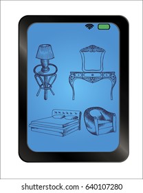 Furniture set on background plate. Free hand drawn. Vector illustration. 