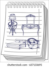 Furniture set on notebook background. Free hand drawn. Vector illustration. 