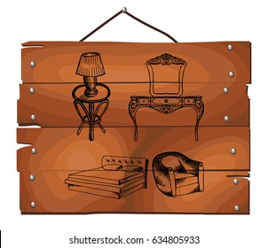 Furniture set on wooden plank background. Free hand drawn. Vector illustration. 