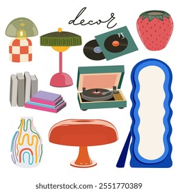 Furniture set for retro home interior design. Vintage vector furniture, vinyl record player, potted house plants, lamps, mirrors, books, armchairs and flower vases. Home furniture for cozy interior