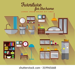 Furniture set for rooms of house. Kitchen, living room, bathroom, bedroom. Interior rooms.