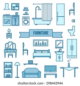 Furniture set for rooms of house. Outline style vector illustration.