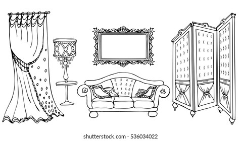 furniture set sketch vector classic style with a sofa, screen, frame, lamp and curtain for interior decoration of room indoor, black lines in white background.