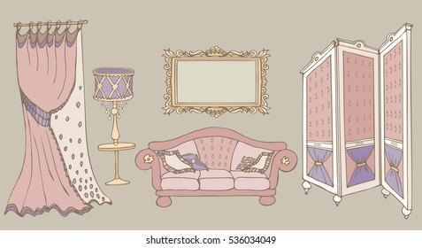 furniture set sketch vector classic style with a sofa, screen, frame, lamp and curtain, colored pink, ivory, beige