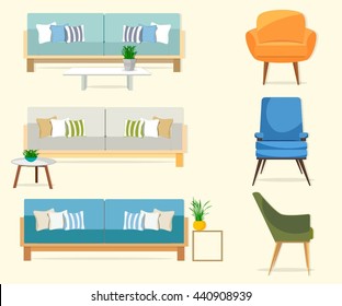 Furniture. Set of sofas with chairs.