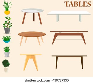 Furniture. Set of tables and plants on beige background