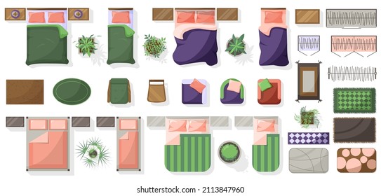 Furniture set top view for plan, bedroom, house, apartment, living room. Elements for Interior design. Bed, armchair, plant, carper, cupboard, bedside table. Kit of Furniture symbols for interior