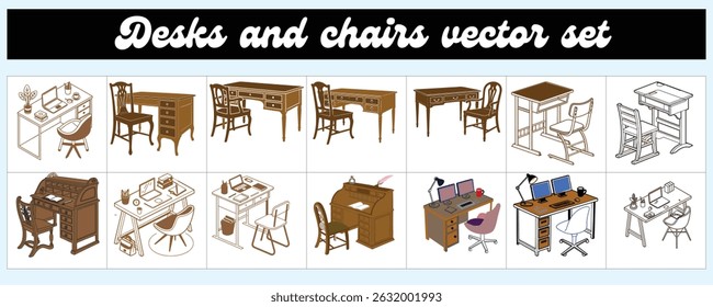  Furniture Set Vector of Writing Table and Wooden Chair in Bold Style