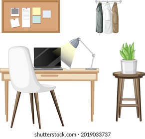Furniture set for workspace interior design on white background illustration