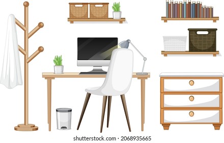 Furniture set for workspace interior design on white background illustration