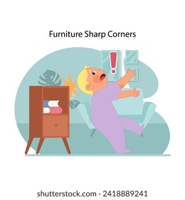 Furniture sharp corners. Toddler shocked, falling on drawer with books inside, risking head injury. Importance of home safety measures. Protecting child from getting hurt. Flat vector illustration