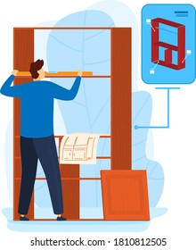 Furniture shelf repair, worker man build wooden construction, vector illustration. Male repairman do renovation with carpenter tool. Handyman person use screwdriver, home character.