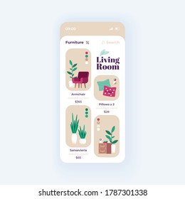 Furniture shop app smartphone interface vector template. Mobile app page day mode design layout. Furnishing items store screen. Flat UI for application. Interior decor accessories on phone display