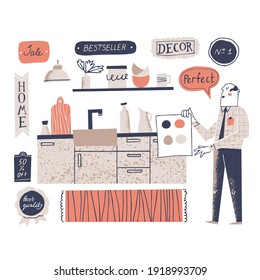 Furniture shop concept with hand drawn lettering. Furniture seller showing appropriate color palettes for home decor. Kitchen design and equipment vector illustration in flat style