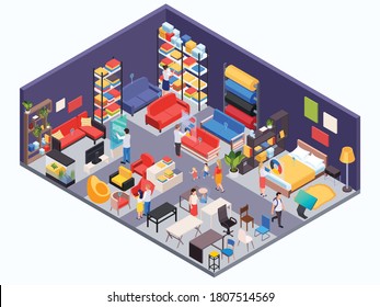 Furniture shop isometric background with visitors and interior items for kitchen bedroom living room vector illustration