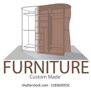 Furniture shop label  Custom made closet  Store badge in modern style  Home interior symbol  Opened bedroom wardrobe  Wood Home Furniture logo template  Realistic 3D concept before   after   