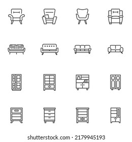 Furniture shop line icons set, outline vector symbol collection, linear style pictogram pack. Signs, logo illustration. Set includes icons as armchair, chair, couch, sofa, cupboard, cabinet, buffet