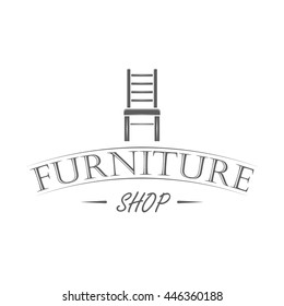 Furniture shop logo in retro style on white background. Vintage emblem, badge and label for store advertising or window signage. Monochrome vector illustration.