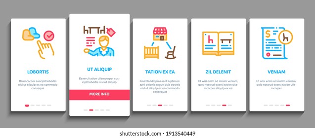 Furniture Shop Market Onboarding Mobile App Page Screen Vector. Furniture Table And Chair For Cafe, Couch And Bed, Internet Store And Catalog Illustrations