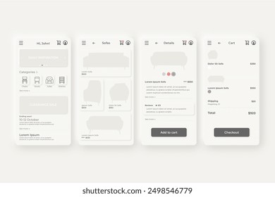 Diseño del Vector de las pantallas del App de las compras de los muebles en eps 10
