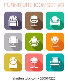 Furniture silhouette flat style long shadow vector icon set. Armchair, stool, chair. Furniture icons collection. 