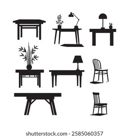 Furniture Silhouette Set, Black Desk and Chair Icons, Minimalist Home and Office Decor, Interior Design Elements,Table and Chair Vector Illustration, Workspace and Living Room Essentials