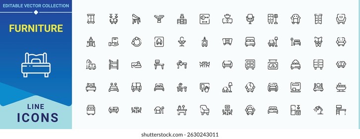 Furniture simple icon set. Includes thin line symbols bed, sofa, decor, bedroom, room and more. Dining line icon set. Outline icons pack. Editable vector art and illustration.