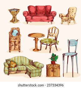 Furniture sketch colored decorative icons set with couch mirror armchair isolated vector illustration