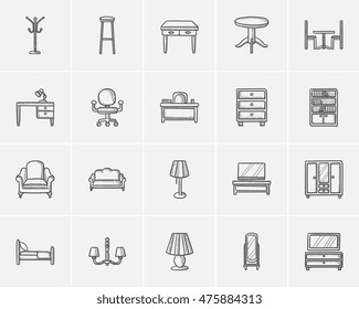Furniture sketch icon set for web, mobile and infographics. Hand drawn furniture icon set. Furniture vector icon set. Furniture icon set isolated on white background.