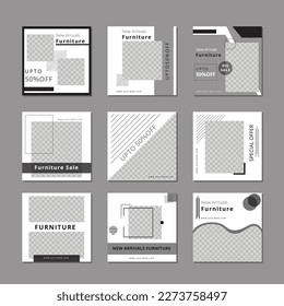 Furniture social media posts template. The template contains 9 social media posts design. Template has been designed with the architectural industry, interior design, furniture and real estate.