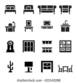 Furniture, sofa, bed, wardrobe, dining table, interior design  icon set