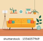 Furniture: sofa, bookcase, picture. Living room interior.Flat style vector illustration