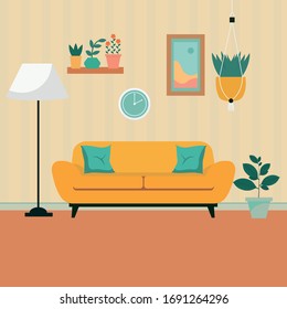 Furniture: sofa, bookcase, picture. Living room interior.Flat style vector illustration