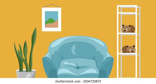 Furniture: sofa, bookcase, picture. Living room interior.Flat style vector illustration