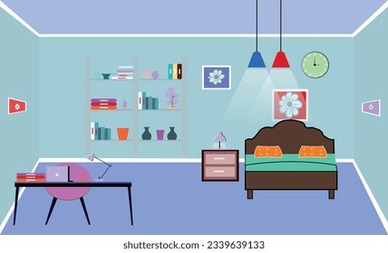 Furniture: sofa, bookcase, picture. Living room interior.Flat style vector illustration.