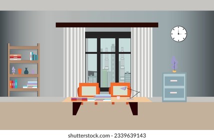 Furniture: sofa, bookcase, picture. Living room interior.Flat style vector illustration.