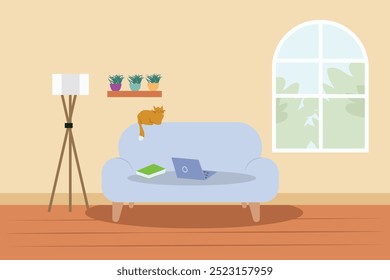 Furniture sofa, bookcase, picture. Living room interior Flat vector illustration design background