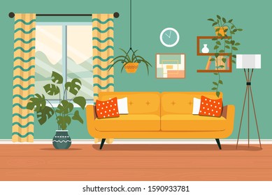 Furniture: sofa, bookcase, window, picture. Living room interior. Flat style vector illustration