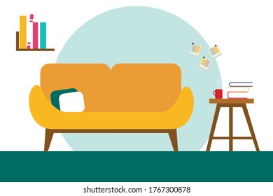 Furniture: sofa, bookshelf, table top. Living room interior. Vector illustration in flat style.