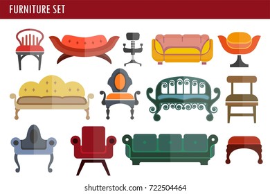 Furniture sofa couch, chair and armchair home room interior seats vector icons svg
