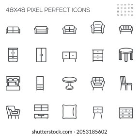 Mobiliario. Sofá, sofá, sofá, mesa, sillón. Iconos de línea de vectores simples. Stroke editable. 48x48 Pixel Perfecto.