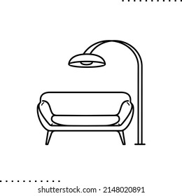 Furniture, sofa with floor lamp vector isolated elements on white