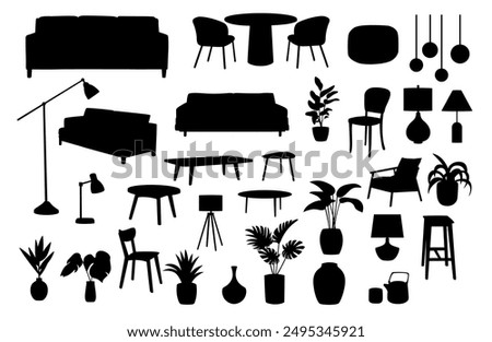 Furniture: sofa, indoor plants, tables, chairs, flower pots. Living room interior silhouette